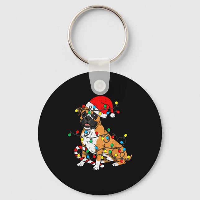 Boxer Dog Christmas Lights Pajama Santa Xmas Pet D Key Ring (Front)