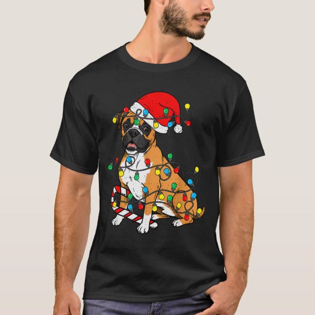Boxer Dog Christmas Lights Pajama Santa Xmas Pet D T-Shirt (Front)