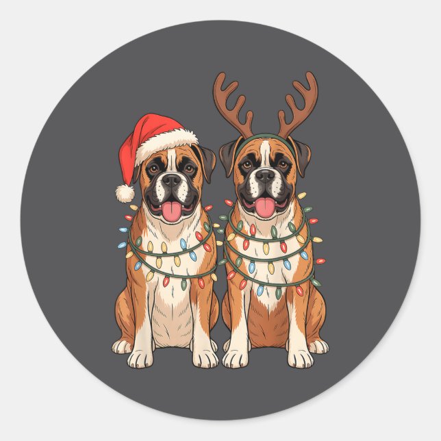 Boxer Dog Christmas Santa Hat Reindeer Lights Paja Classic Round Sticker (Front)