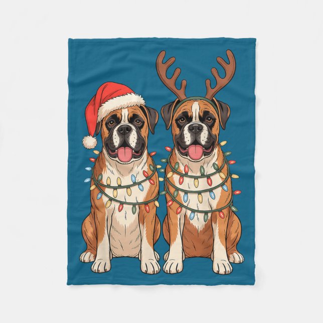 Boxer Dog Christmas Santa Hat Reindeer Lights Paja Fleece Blanket (Front)
