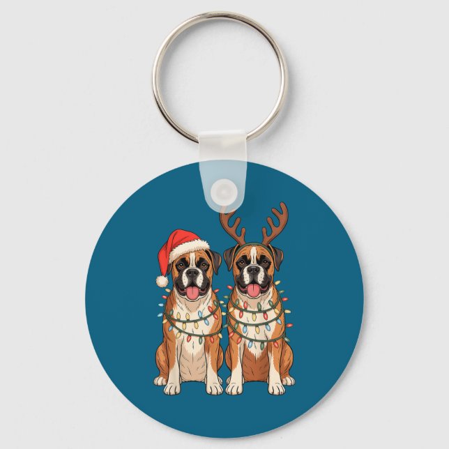 Boxer Dog Christmas Santa Hat Reindeer Lights Paja Key Ring (Front)