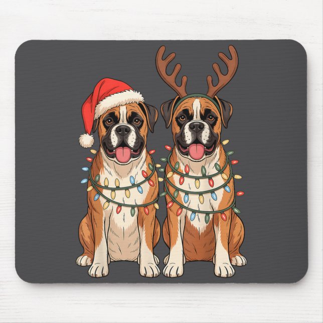 Boxer Dog Christmas Santa Hat Reindeer Lights Paja Mouse Pad (Front)