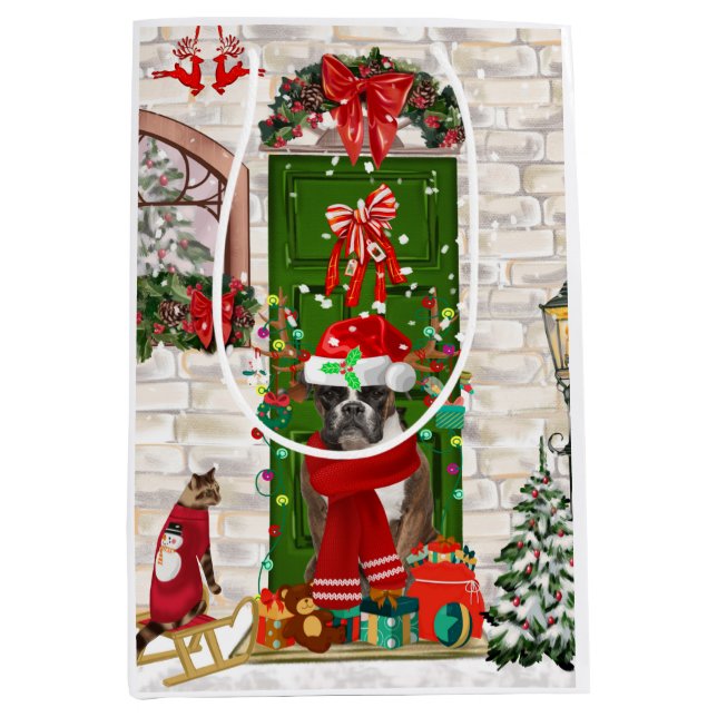 Boxer Dog Christmas Throw Pillow Medium Gift Bag (Front)