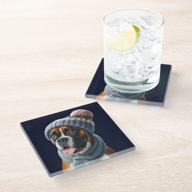 Boxer Dog Cold Noses, Warm Cuddles Glass Coaster (Angled)