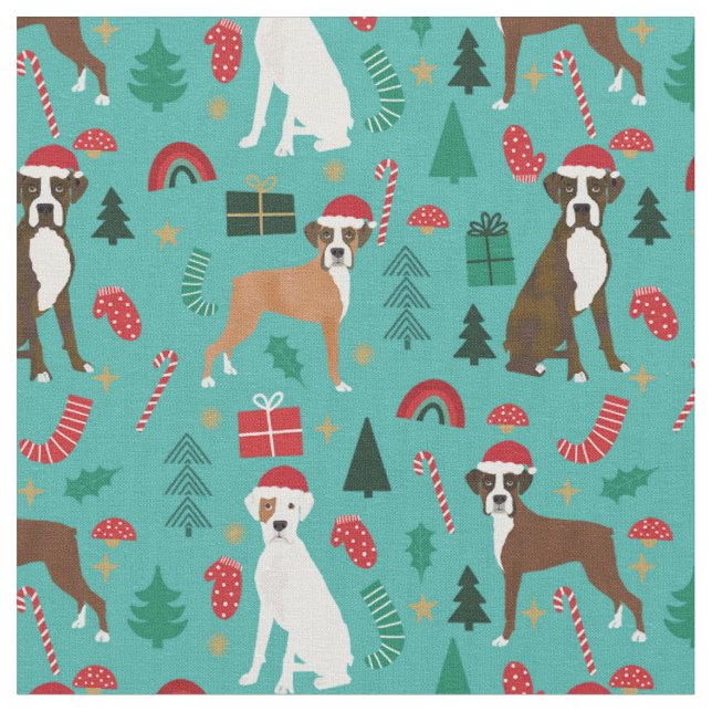 Boxer dog cute christmas turquoise fabric (Close Up)