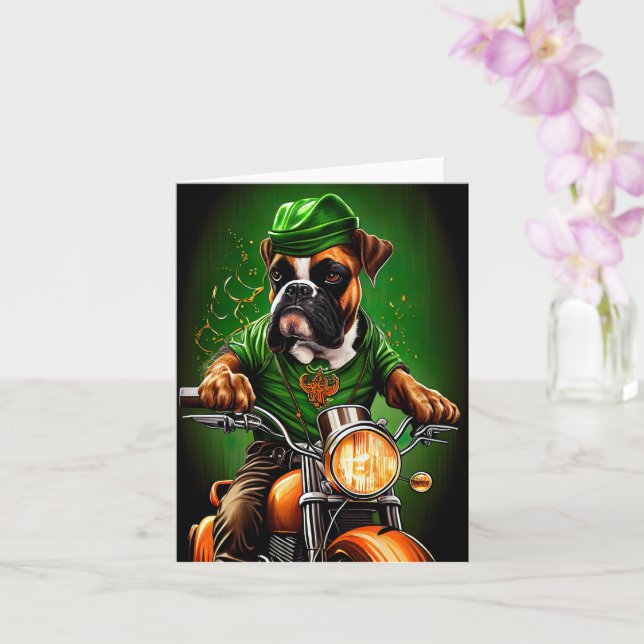 Boxer Dog Driving Bike St. Patrick's Day Card (Orchid)