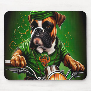 Boxer Dog Driving Bike St. Patrick's Day Mouse Pad