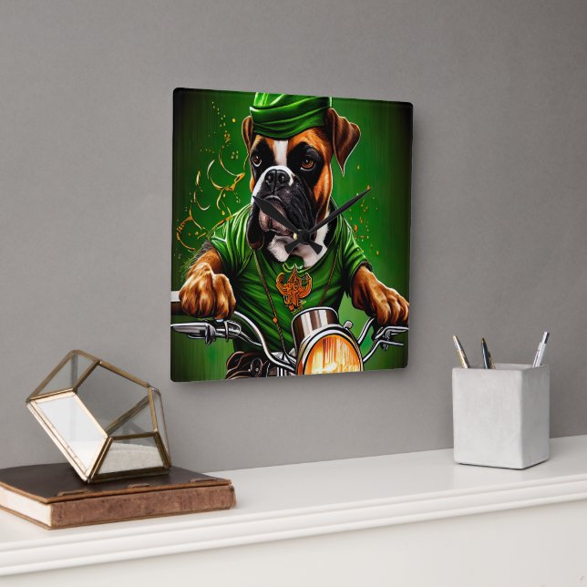 Boxer Dog Driving Bike St. Patrick's Day  Square Wall Clock (Office)