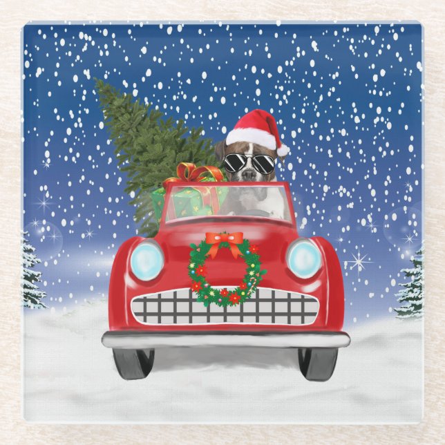 Boxer Dog Driving Car In Snow Christmas  Glass Coaster (Front)