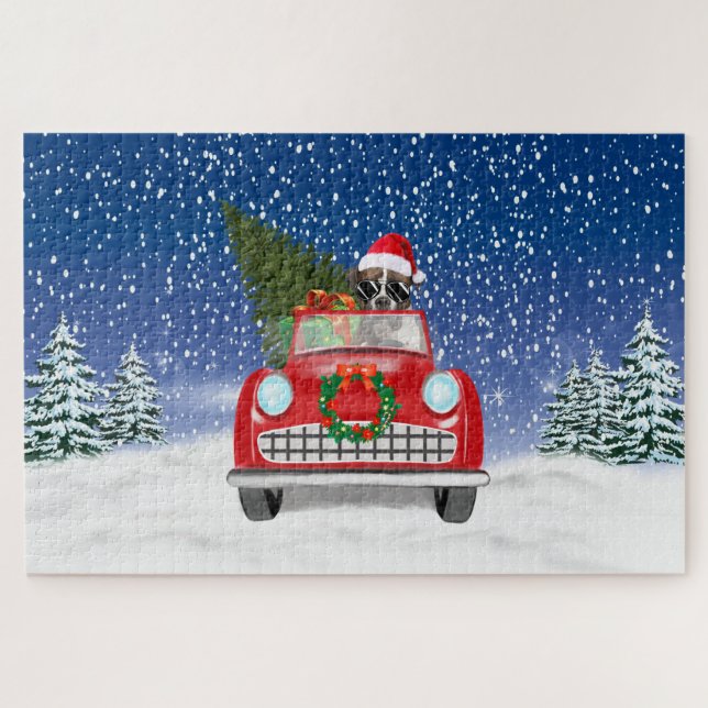 Boxer Dog Driving Car In Snow Christmas  Jigsaw Pu Jigsaw Puzzle (Horizontal)