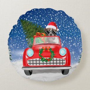 Boxer Dog Driving Car In Snow Christmas Round Cushion