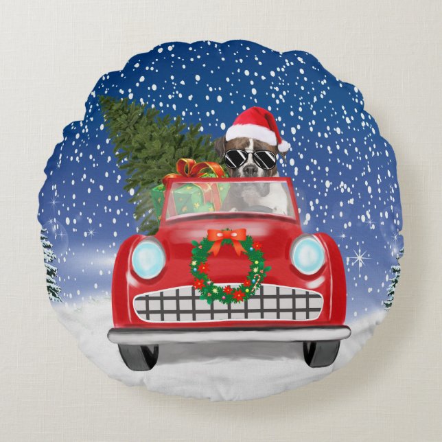 Boxer Dog Driving Car In Snow Christmas  Round Cushion (Front)