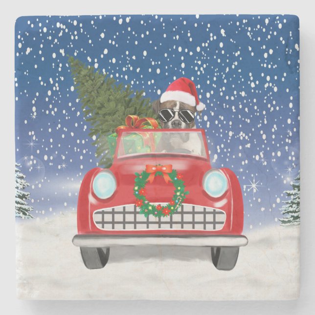 Boxer Dog Driving Car In Snow Christmas Stone Coaster (Front)