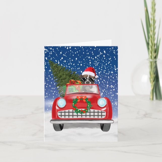 Boxer Dog Driving Car In Snow Christmas  Thank You Card (Front)