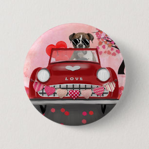 Boxer Dog Driving Car with Hearts Valentine's  6 Cm Round Badge