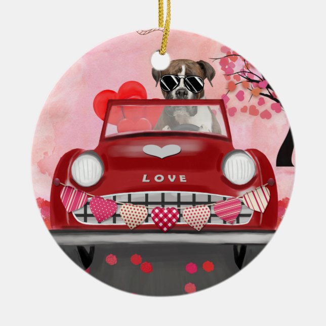 Boxer Dog Driving Car with Hearts Valentine's  Ceramic Ornament (Front)