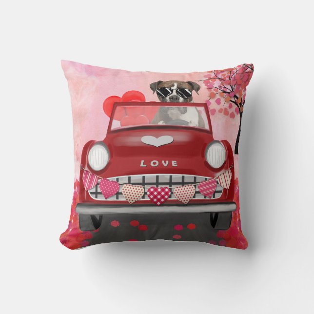 Boxer Dog Driving Car with Hearts Valentine's Cushion (Front)