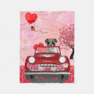 Boxer Dog Driving Car with Hearts Valentine's Fleece Blanket