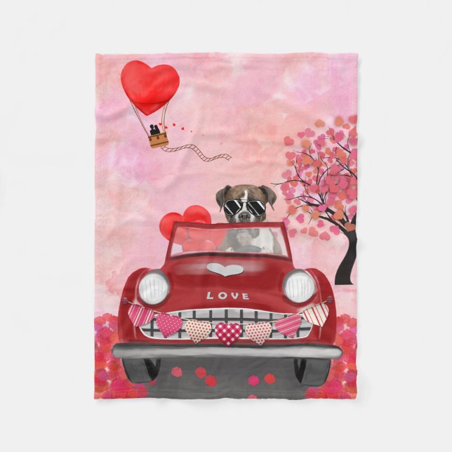 Boxer Dog Driving Car with Hearts Valentine's  Fleece Blanket (Front)