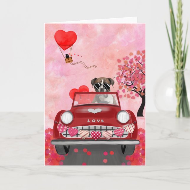 Boxer Dog Driving Car with Hearts Valentine's  Holiday Card (Front)