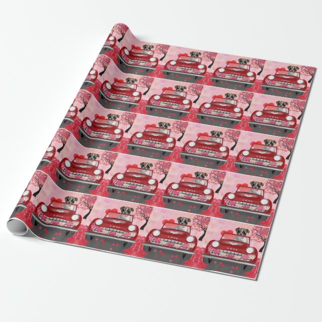 Boxer Dog Driving Car with Hearts Valentine's  Wrapping Paper (Unrolled)