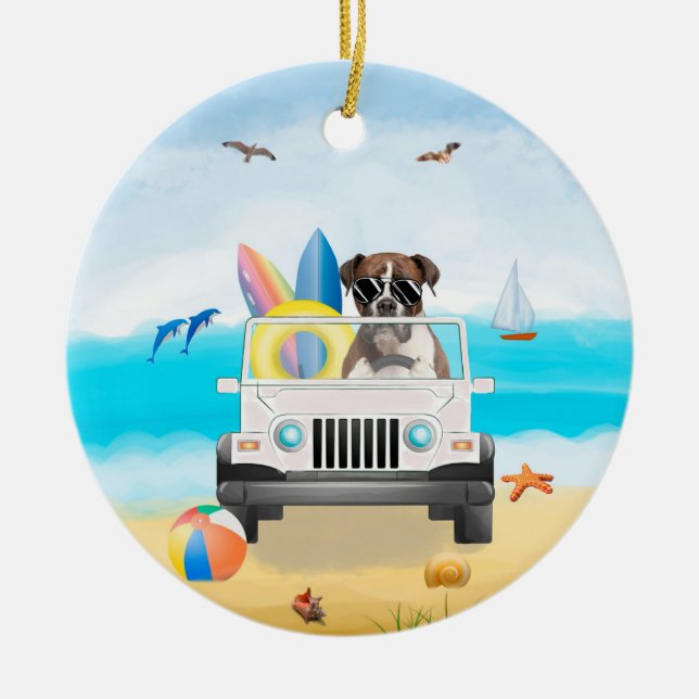 boxer Dog Driving on Beach  Ceramic Ornament (Front)