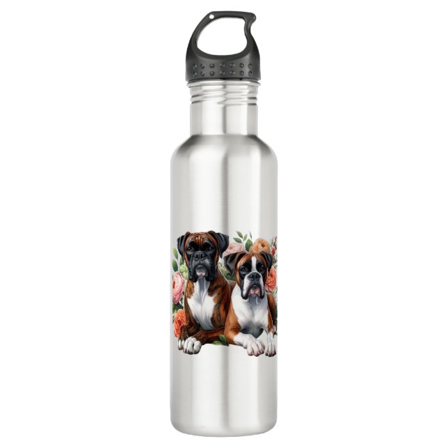 Boxer Dog Duo Amongst The Flowers 710 Ml Water Bottle (Front)