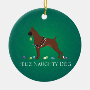 Boxer Dog Feliz Naughty Dog Christmas Design Ceramic Tree Decoration
