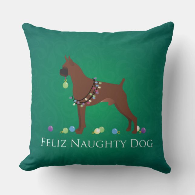 Boxer Dog Feliz Naughty Dog Christmas Design Cushion (Front)
