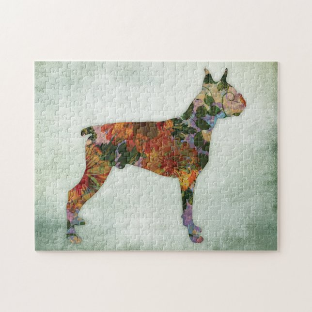 Boxer Dog Floral On Green Jigsaw Puzzle (Horizontal)