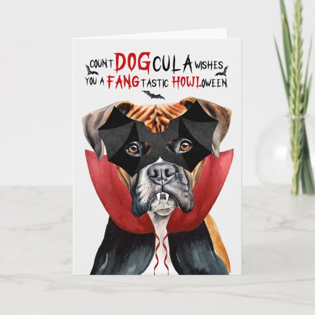 Boxer Dog Funny Count DOGcula Halloween Holiday Card (Front)
