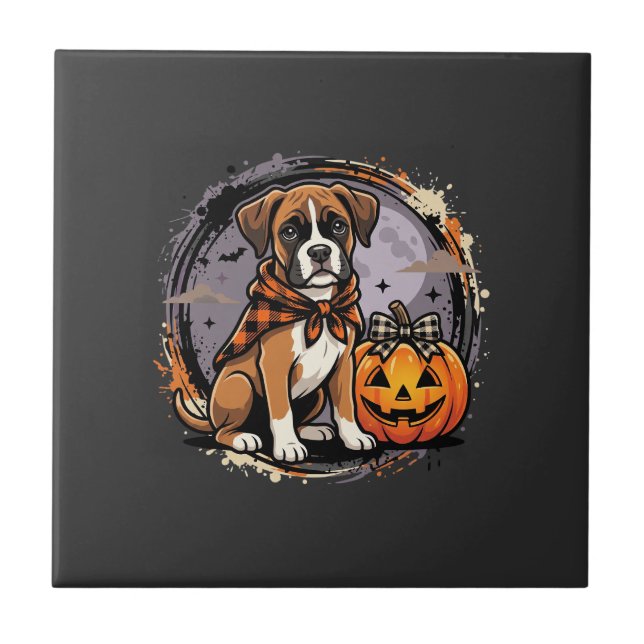 Boxer Dog Halloween Pumpkin Sublimation Ceramic Tile (Front)