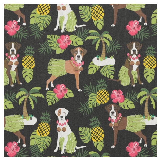 Boxer Dog hula tropical black Fabric (Close Up)