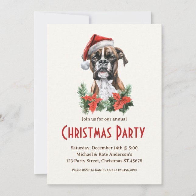 Boxer Dog in Santa Hat Pet Holiday Christmas Party Invitation (Front)