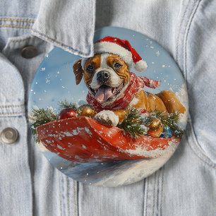 Boxer Dog in Sledge Let it Snow Christmas 6 Cm Round Badge