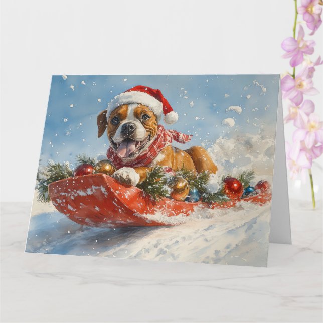 Boxer Dog in Sledge Let it Snow Christmas Card (Orchid)