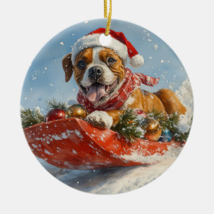 Boxer Dog in Sledge Let it Snow Christmas Ceramic Ornament