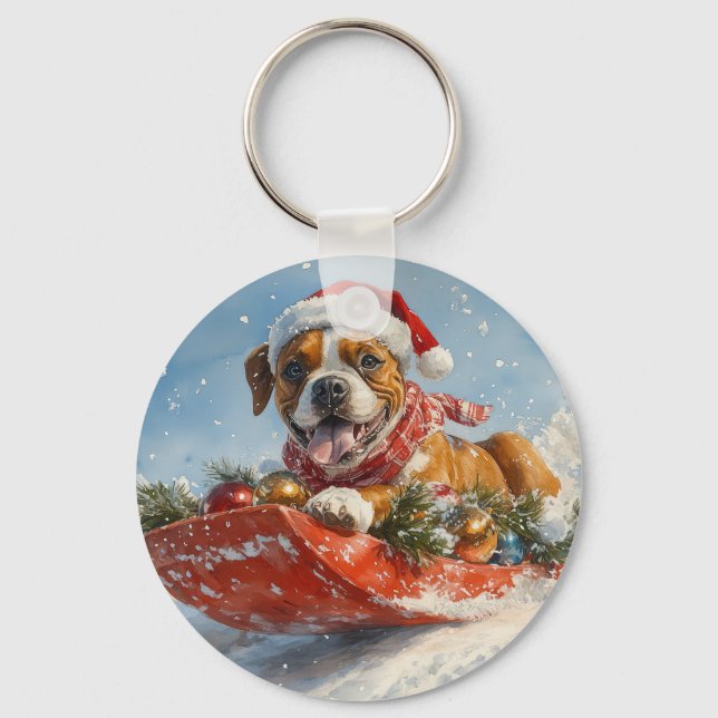 Boxer Dog in Sledge Let it Snow Christmas Key Ring (Front)