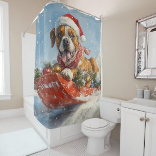 Boxer Dog in Sledge Let it Snow Christmas Shower Curtain