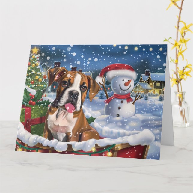 Boxer Dog in Sleigh Snow Christmas Card (Yellow Flower)