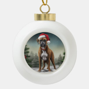 Boxer Dog in Snow Christmas Ceramic Ball Christmas Ornament