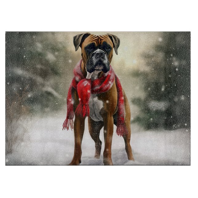 Boxer Dog in Snow Christmas Cutting Board (Front)