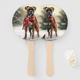 Boxer Dog in Snow Christmas Hand Fan
