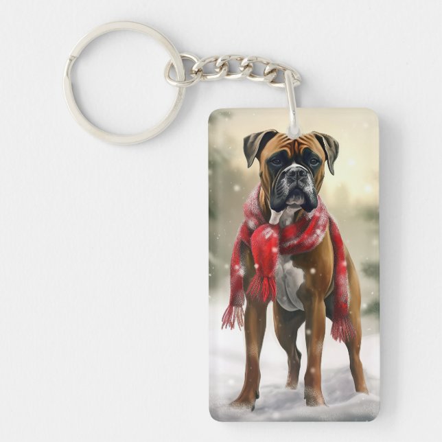 Boxer Dog in Snow Christmas Key Ring (Front)