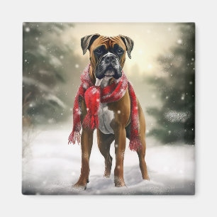 Boxer Dog in Snow Christmas Magnet