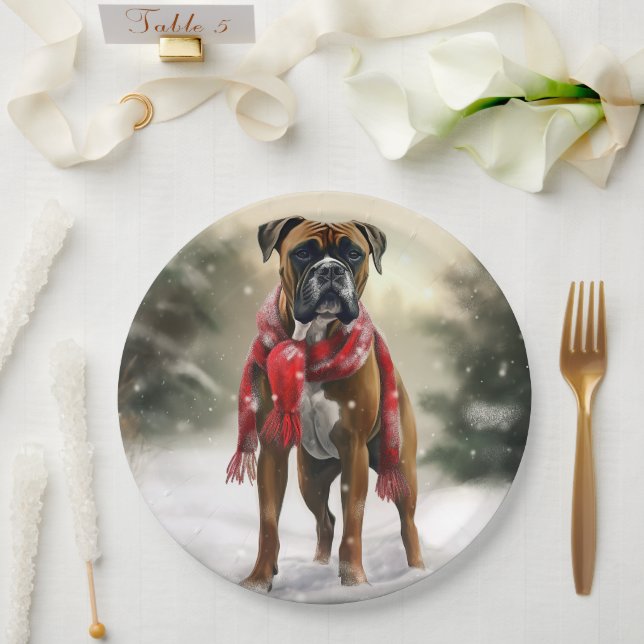 Boxer Dog in Snow Christmas Paper Plate (Wedding)