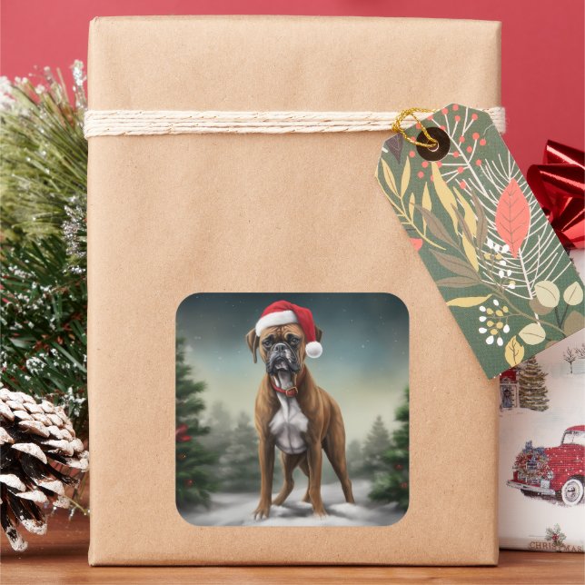 Boxer Dog in Snow Christmas  Square Sticker (Holiday)