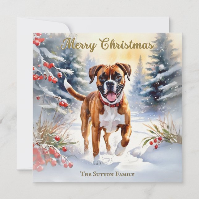 Boxer Dog In Snow Scene Merry Christmas Holiday Card (Front)