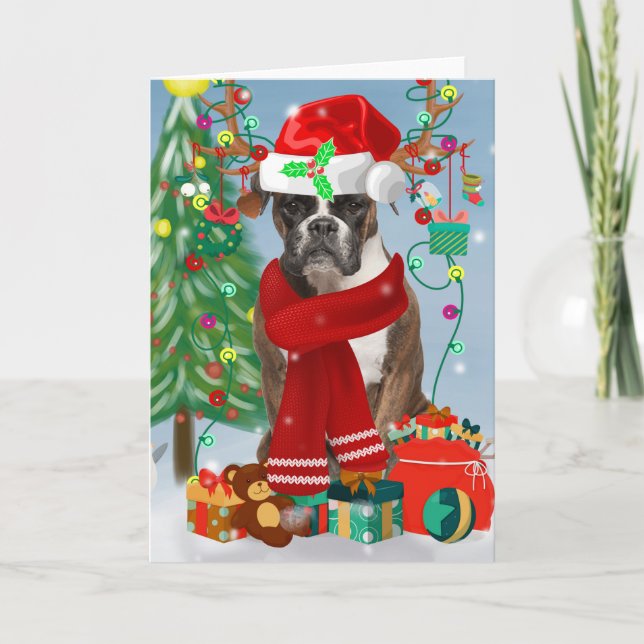 Boxer Dog in Snow with Christmas Gifts  Card (Front)