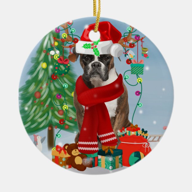 Boxer Dog in Snow with Christmas Gifts  Ceramic Ornament (Front)